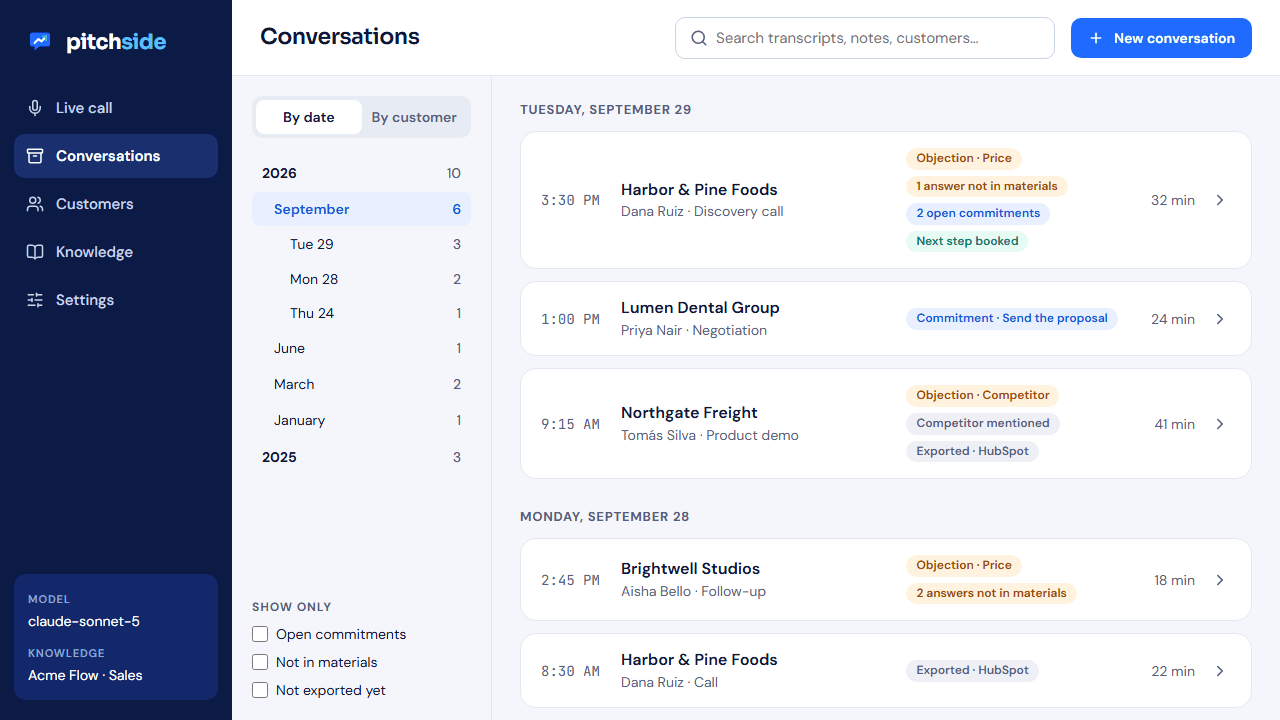 Conversations library, browsable by year, month and day with filters