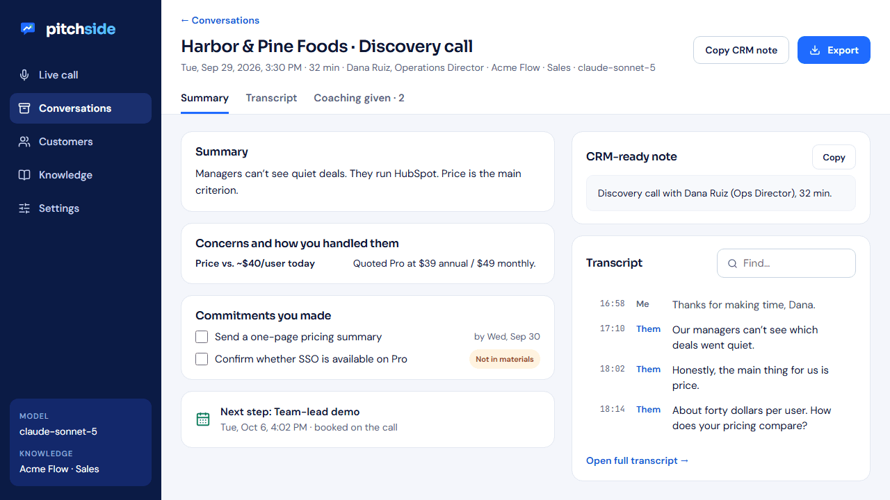 Conversation detail with the post-call summary, commitments and next steps