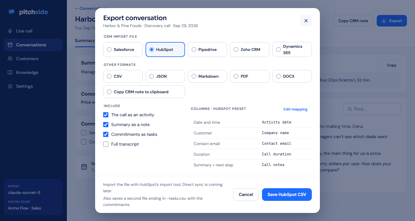 Export dialog with CRM presets and an editable field mapping